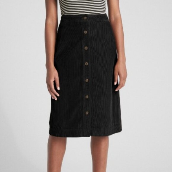 Gap Button-Front Corduroy Black Midi Skirt Size Medium 100% cotton Preppy - Picture 1 of 7
